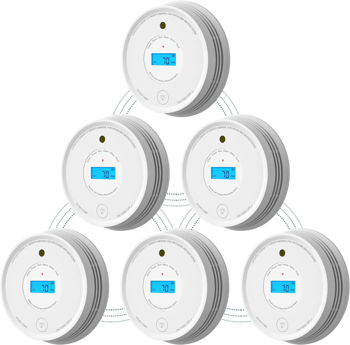 AEGISLINK Smoke Carbon Monoxide Detector, Interlinked Combination Smoke CO Alarm, Battery Powered, Wireless Interconnected, Digital Display, SC-RF220, 6-Pack