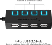 Load image into Gallery viewer, SABRENT 4 Port USB 2.0 Data Hub with Individual LED Lit Power Switches [Charging NOT Supported] for Mac &amp; PC (HB-UMLS)