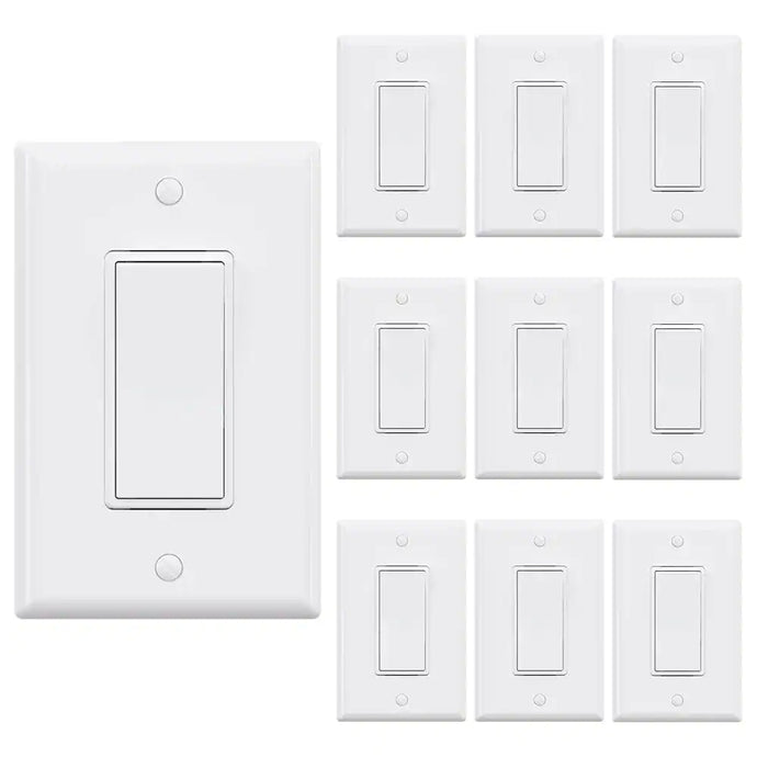 Decor 15 Amp Single Pole Rocker Light Switch with Wall Plate, White (10-Pack)