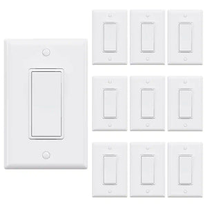 Decor 15 Amp Single Pole Rocker Light Switch with Wall Plate, White (10-Pack)