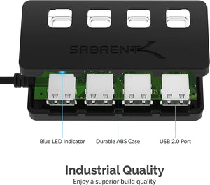 SABRENT 4 Port USB 2.0 Data Hub with Individual LED Lit Power Switches [Charging NOT Supported] for Mac & PC (HB-UMLS)