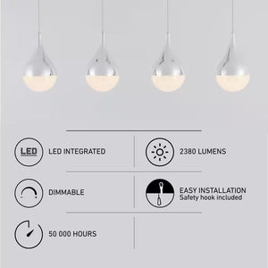 Glitzer 24-Watt 4 Light Chrome Modern Integrated LED Pendant Light Fixture for Dining Room or Kitchen