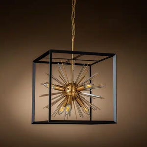 6-Light Modern Gold Satellite Sputnik Sphere Chandeliers Pendant Lighting with Square Black Cage