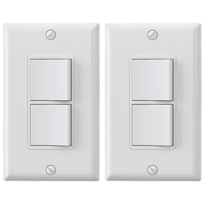 15 Amp Decorator Combination 2 Single Pole Rocker Switches, Wall Plate Included, White (2-Pack)