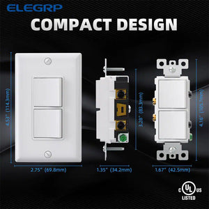 15 Amp Decorator Combination 2 Single Pole Rocker Switches, Wall Plate Included, White (2-Pack)