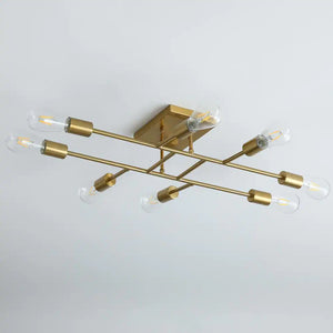 Modern 28 In. 8-Light Gold Sputnik Linear Semi-Flush Mount Ceiling Lighting Fixture