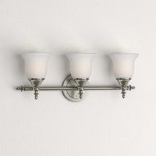 Load image into Gallery viewer, Olgelthorpe 3-Light Brushed Nickel Bathroom Vanity Light Fixture with Bell Shaped Frosted Glass Shades