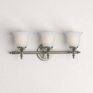 Olgelthorpe 3-Light Brushed Nickel Bathroom Vanity Light Fixture with Bell Shaped Frosted Glass Shades