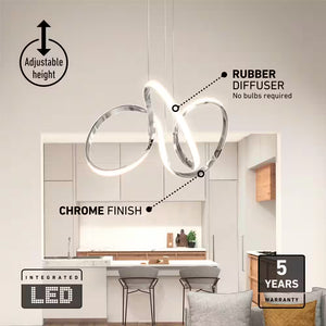 Swirl 30-Watt 1 Light Chrome Modern Integrated LED Pendant Light Fixture for Dining Room or Kitchen