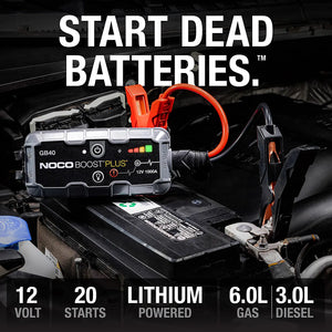 NOCO Boost plus GB40 1000 Amp 12-Volt Ultrasafe Lithium Jump Starter Box, Car Battery Booster Pack, Portable Power Bank Charger, and Jumper Cables for up to 6-Liter Gasoline and 3-Liter Diesel Engines