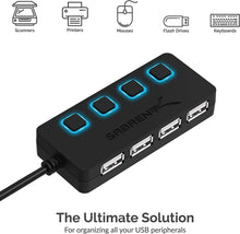 Load image into Gallery viewer, SABRENT 4 Port USB 2.0 Data Hub with Individual LED Lit Power Switches [Charging NOT Supported] for Mac &amp; PC (HB-UMLS)