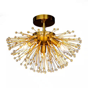 14.6 In. 3-Lights Modern Glam Antique Gold Firework Sputnik Semi-Flush Mount Ceiling Light with Crystal Beaded