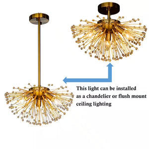 14.6 In. 3-Lights Modern Glam Antique Gold Firework Sputnik Semi-Flush Mount Ceiling Light with Crystal Beaded