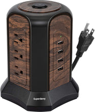 Load image into Gallery viewer, Power Strip Tower Surge Protector, SUPERDANNY Desktop Charging Station, 10 Ft Extension Cord, 9 Outlets, 4 USB Ports, 1080 Joules, 3-Prong, Grounded, Multiple Protections for Home, Office, Deep Brown