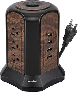 Power Strip Tower Surge Protector, SUPERDANNY Desktop Charging Station, 10 Ft Extension Cord, 9 Outlets, 4 USB Ports, 1080 Joules, 3-Prong, Grounded, Multiple Protections for Home, Office, Deep Brown