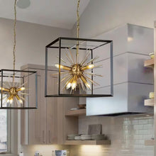 Load image into Gallery viewer, 6-Light Modern Gold Satellite Sputnik Sphere Chandeliers Pendant Lighting with Square Black Cage