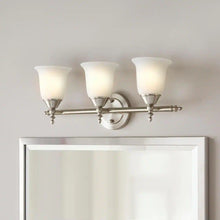 Load image into Gallery viewer, Olgelthorpe 3-Light Brushed Nickel Bathroom Vanity Light Fixture with Bell Shaped Frosted Glass Shades