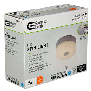 Spin Light 7 In. Closet Light LED Flush Mount Ceiling Light W/ Pull Chain Brushed Nickel Accent Clothes Closet Rated