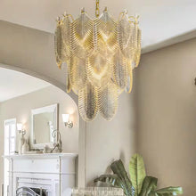 Load image into Gallery viewer, 5 Light Modern Glam Painted Brass Gold 3-Tier Chandelier with Textured Glass Accents