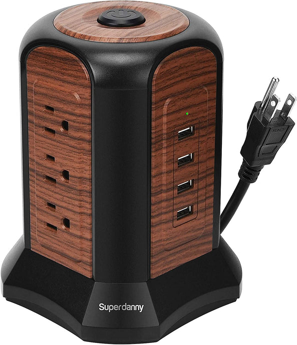 Power Strip Tower Surge Protector, SUPERDANNY Desktop Charging Station, 10 Ft Extension Cord, 9 Outlets, 4 USB Ports, 1080 Joules, 3-Prong, Grounded, Multiple Protections for Home, Office, Deep Brown