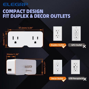 3 Prong Outlet Extender with 2 Type a USB Wall Charger, Plug Adapter (White, 2-Pack)