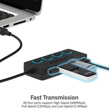 Load image into Gallery viewer, SABRENT 4 Port USB 2.0 Data Hub with Individual LED Lit Power Switches [Charging NOT Supported] for Mac &amp; PC (HB-UMLS)