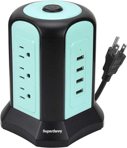 Power Strip Tower Surge Protector, SUPERDANNY Desktop Charging Station, 10 Ft Extension Cord, 9 Outlets, 4 USB Ports, 1080 Joules, 3-Prong, Grounded, Multiple Protections for Home, Office, Deep Brown