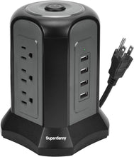 Load image into Gallery viewer, Power Strip Tower Surge Protector, SUPERDANNY Desktop Charging Station, 10 Ft Extension Cord, 9 Outlets, 4 USB Ports, 1080 Joules, 3-Prong, Grounded, Multiple Protections for Home, Office, Deep Brown