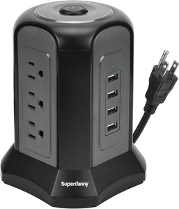 Power Strip Tower Surge Protector, SUPERDANNY Desktop Charging Station, 10 Ft Extension Cord, 9 Outlets, 4 USB Ports, 1080 Joules, 3-Prong, Grounded, Multiple Protections for Home, Office, Deep Brown