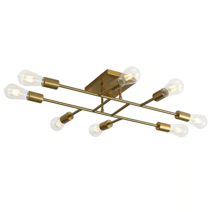 Modern 28 In. 8-Light Gold Sputnik Linear Semi-Flush Mount Ceiling Lighting Fixture