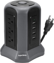 Load image into Gallery viewer, Power Strip Tower Surge Protector, SUPERDANNY Desktop Charging Station, 10 Ft Extension Cord, 9 Outlets, 4 USB Ports, 1080 Joules, 3-Prong, Grounded, Multiple Protections for Home, Office, Deep Brown